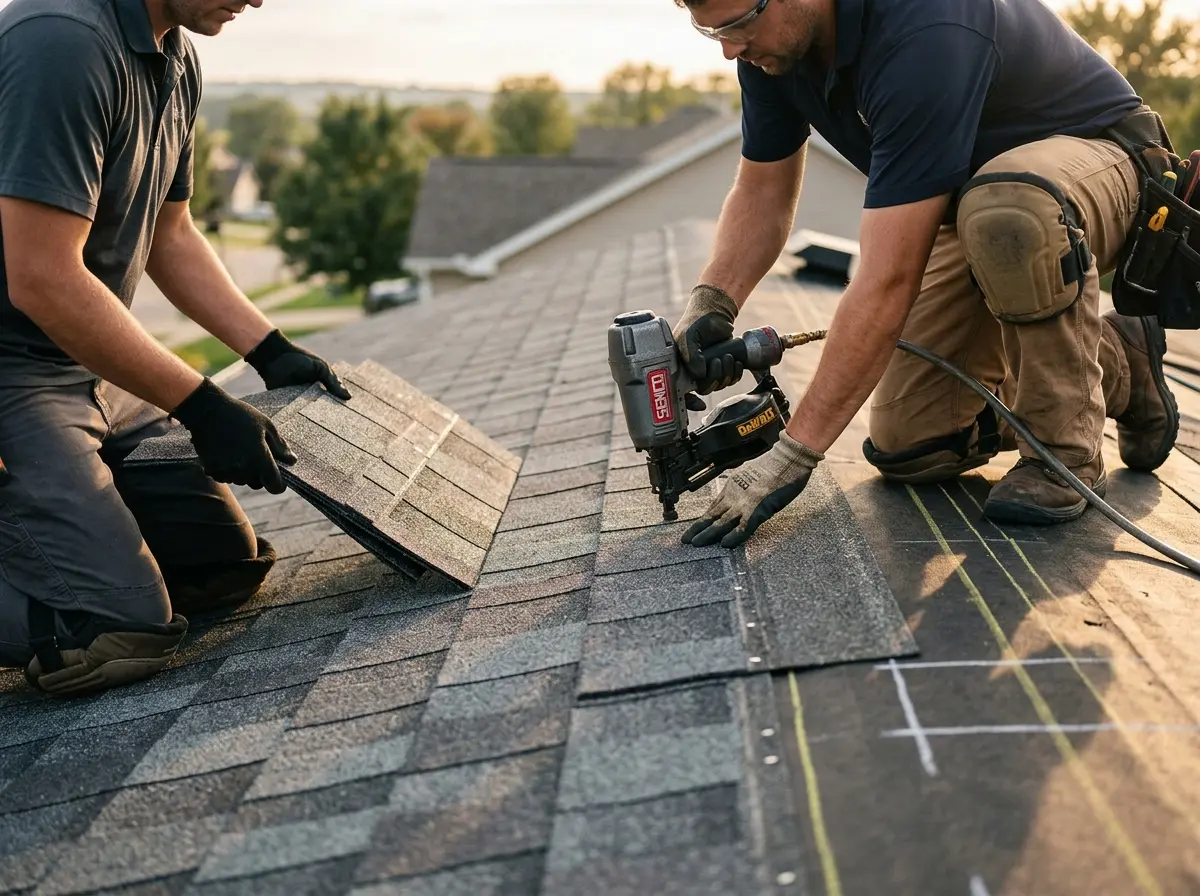 Professional roofer working on a residential roof in Great Neck Plaza